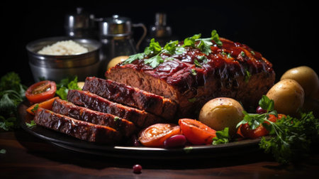 delicious meatloaf with vegetable topping, black and blurred backgroundの素材