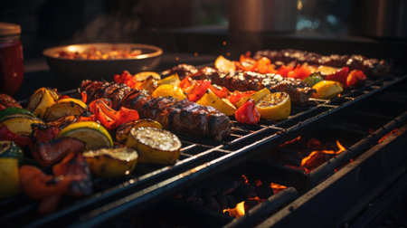 Realistic grilled barbeque with melted barbeque sauce and cut vegetables, black and blur backgroundの素材