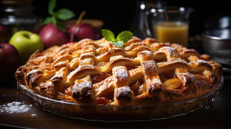 sweet apple pie with white sugar sprinkles on a wooden tray and blurred backgroundの素材
