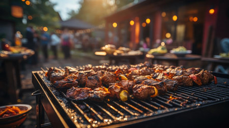 Realistic grilled barbeque with melted barbeque sauce and cut vegetables, black and blur backgroundの素材
