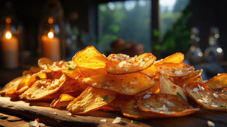Potato Chips with a sprinkling of savory salty spices on a wooden table with a blurred backgroundの素材