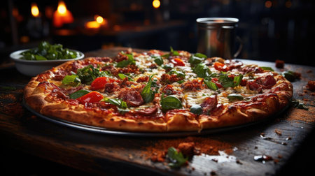 full pizza with vegetables and meat on wooden table with blur backgroundの素材