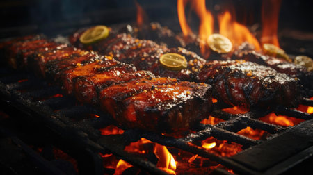 Realistic grilled barbeque with melted barbeque sauce and cut vegetables, black and blur backgroundの素材