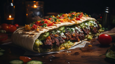 Delicious kebab full of meat and vegetables, black and blur backgroundの素材