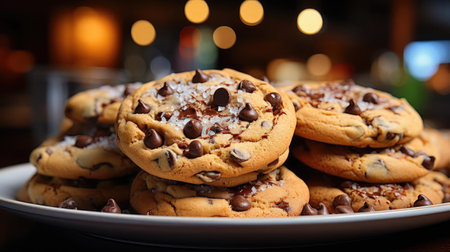 a pile of crunchy and sweet chocolate cake with a sprinkling of chocolate chips on top on a plateの素材