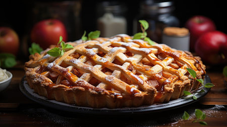 sweet apple pie with white sugar sprinkles on a wooden tray and blurred backgroundの素材