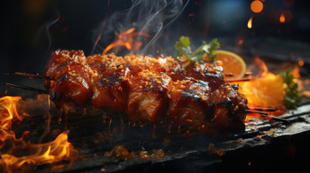 Delicious grilled yakitori with vegetable toppings, blur backgroundの素材