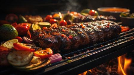 Realistic grilled barbeque with melted barbeque sauce and cut vegetables, black and blur backgroundの素材