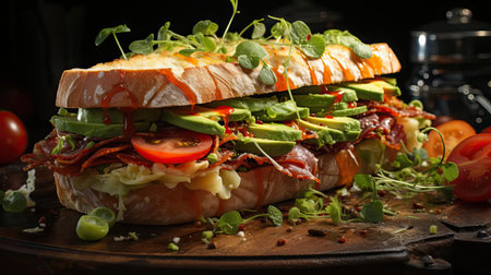 Delicious sandwich full of meat and vegetables, black and blur backgroundの素材