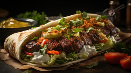 Delicious kebab full of meat and vegetables, black and blur backgroundの素材