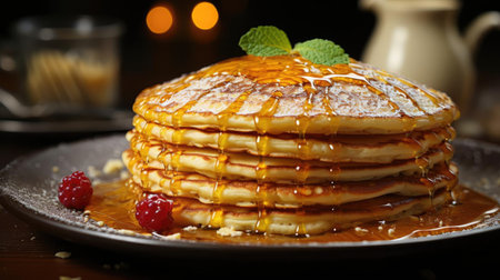Close-Up of pile of pancakes with melted sweet syrup and fruit toppings with a blurred backgroundの素材