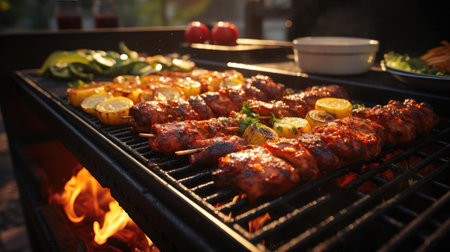 Realistic grilled barbeque with melted barbeque sauce and cut vegetables, black and blur backgroundの素材