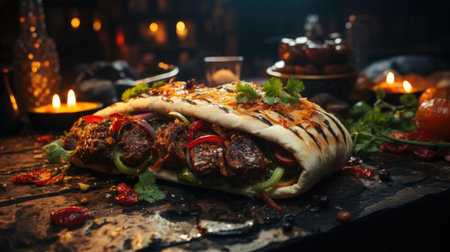 Delicious kebab full of meat and vegetables, black and blur backgroundの素材