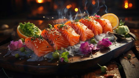Delicious fresh sashimi on ice with black and blur backgroundの素材