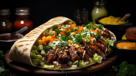 Delicious kebab full of meat and vegetables, black and blur backgroundの素材