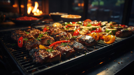 Realistic grilled barbeque with melted barbeque sauce and cut vegetables, black and blur backgroundの素材