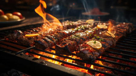 Realistic grilled barbeque with melted barbeque sauce and cut vegetables, black and blur backgroundの素材