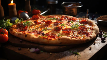 full pizza with vegetables and meat on wooden table with blur backgroundの素材