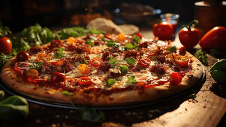 full pizza with vegetables and meat on wooden table with blur backgroundの素材