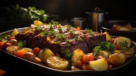 delicious pot roast meat with black and blur backgroundの素材