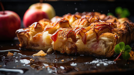 sweet apple pie with white sugar sprinkles on a wooden tray and blurred backgroundの素材