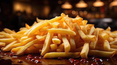 Delicious French fries, crunchy, salty, tasty, with blur backgroundの素材