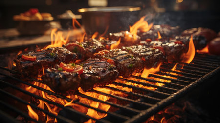 Realistic grilled barbeque with melted barbeque sauce and cut vegetables, black and blur backgroundの素材