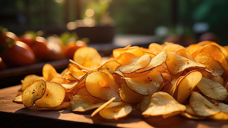 Potato Chips with a sprinkling of savory salty spices on a wooden table with a blurred backgroundの素材