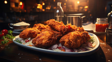 Delicious fried chicken with sweet and sour sauce on a wooden table with a blurred backgroundの素材