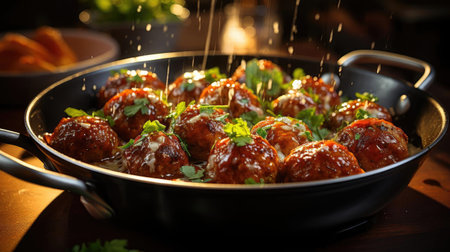 meatballs with melted tomato sauce on a bowl with a black and blur backgroundの素材