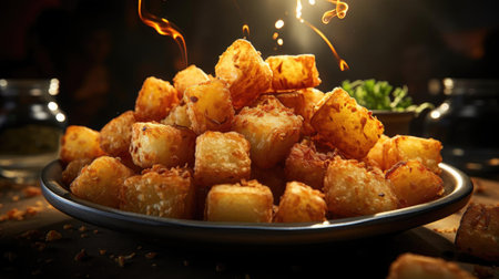 Crispy tater tots with savory salty spices with black and blur backgroundの素材