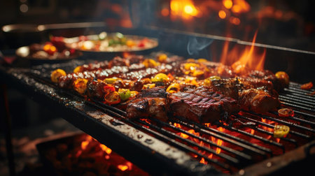Realistic grilled barbeque with melted barbeque sauce and cut vegetables, black and blur backgroundの素材