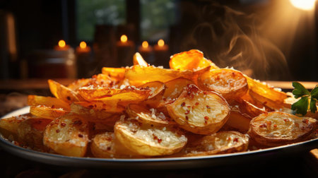 Potato Chips with a sprinkling of savory salty spices on a wooden table with a blurred backgroundの素材