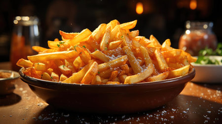 Delicious French fries, crunchy, salty, tasty, with blur backgroundの素材
