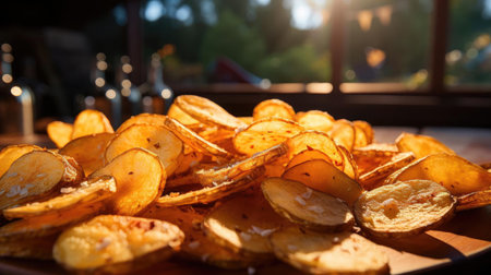 Potato Chips with a sprinkling of savory salty spices on a wooden table with a blurred backgroundの素材