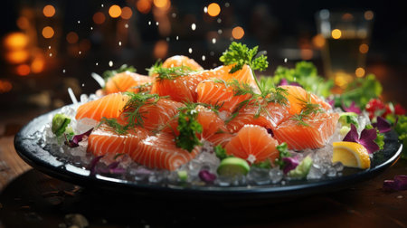 Delicious fresh sashimi on ice with black and blur backgroundの素材