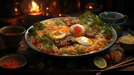 Delicious ramen noodles with egg topping on top, blur backgroundの素材