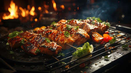 Delicious grilled yakitori with vegetable toppings, blur backgroundの素材