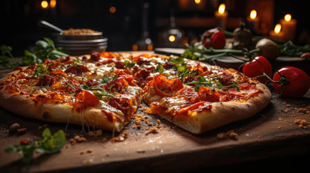 full pizza with vegetables and meat on wooden table with blur backgroundの素材