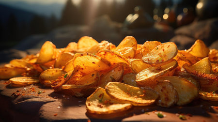Potato Chips with a sprinkling of savory salty spices on a wooden table with a blurred backgroundの素材