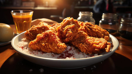 Delicious fried chicken with sweet and sour sauce on a wooden table with a blurred backgroundの素材