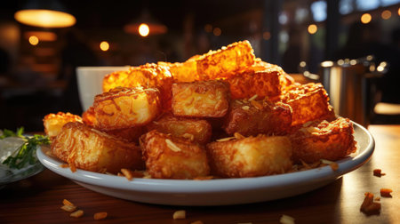 Crispy tater tots with savory salty spices with black and blur backgroundの素材