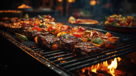Realistic grilled barbeque with melted barbeque sauce and cut vegetables, black and blur backgroundの素材