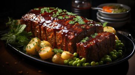 delicious meatloaf with vegetable topping, black and blurred backgroundの素材
