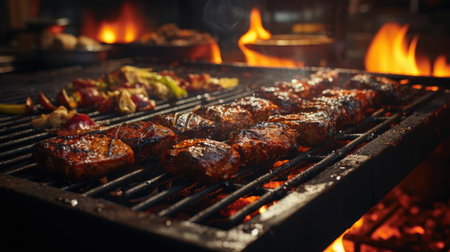 Realistic grilled barbeque with melted barbeque sauce and cut vegetables, black and blur backgroundの素材