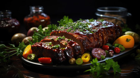 delicious meatloaf with vegetable topping, black and blurred backgroundの素材