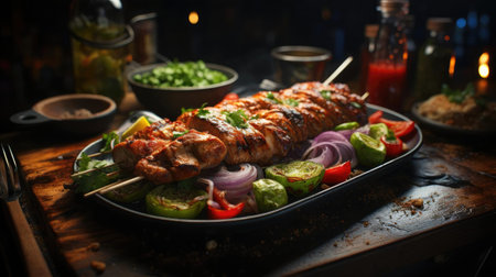 Delicious kebab full of meat and vegetables, black and blur backgroundの素材