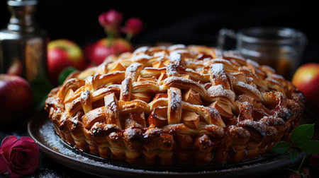 sweet apple pie with white sugar sprinkles on a wooden tray and blurred backgroundの素材