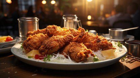 Delicious fried chicken with sweet and sour sauce on a wooden table with a blurred backgroundの素材
