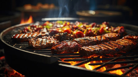 Realistic grilled barbeque with melted barbeque sauce and cut vegetables, black and blur backgroundの素材